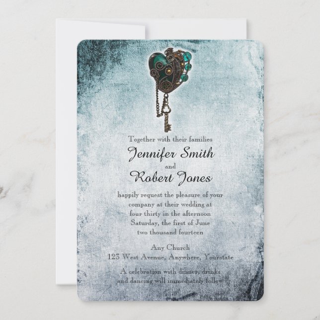 Steampunk Teal Heart Wedding Invitation (Front)