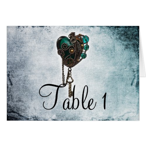 Steampunk Teal Heart Wedding Table Number