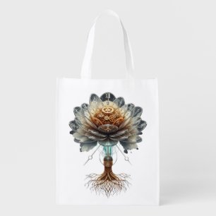 Steampunk Temporal Bloom: Mechanical Nature Engine Grocery Bag