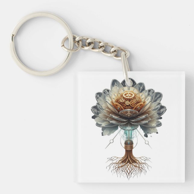Steampunk Temporal Bloom: Mechanical Nature Engine Keychain (Front)