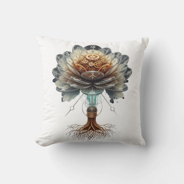 Steampunk Temporal Bloom: Mechanical Nature Engine Throw Pillow (Front)