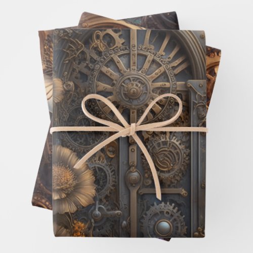 Steampunk Theme Metal Gears and Flowers Birthday Wrapping Paper Sheets
