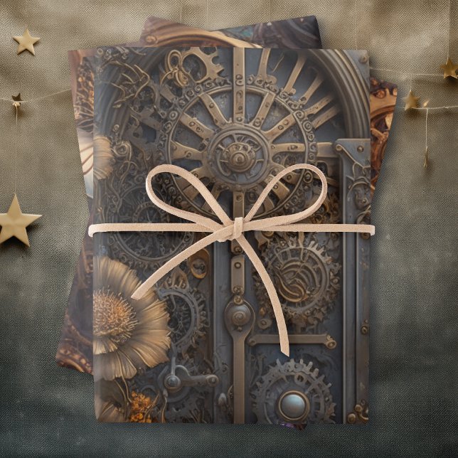Steampunk Theme Metal Gears and Flowers Birthday Wrapping Paper Sheets (Creator Uploaded)