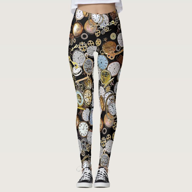 Steampunk Themed Pocket Watches, Gears, Clocks Leggings (Front)