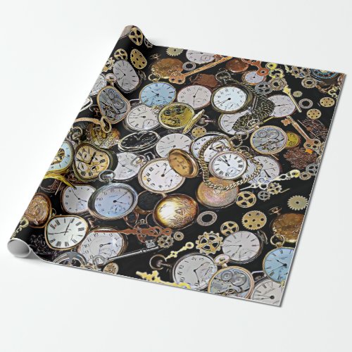 Steampunk Themed Pocket Watches Gears Clocks Wrapping Paper