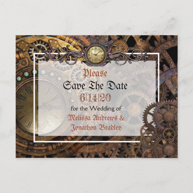 Steampunk Themed Wedding Save the Date Announcement Postcard (Front)