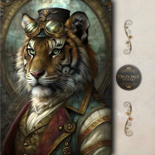 Steampunk Tiger Whimsical Vintage Animal Decoupage Tissue Paper