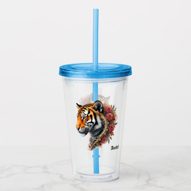 Steampunk Tiger with Roses Illustration.  Acrylic Tumbler (Front)