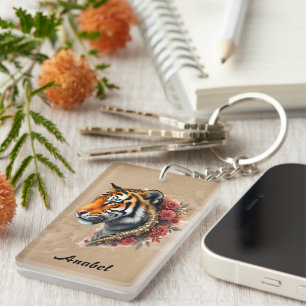 Steampunk Tiger with Roses Illustration Keychain