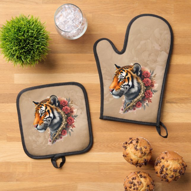 Steampunk Tiger with Roses Illustration.  Oven Mitt & Pot Holder Set (Top Down)