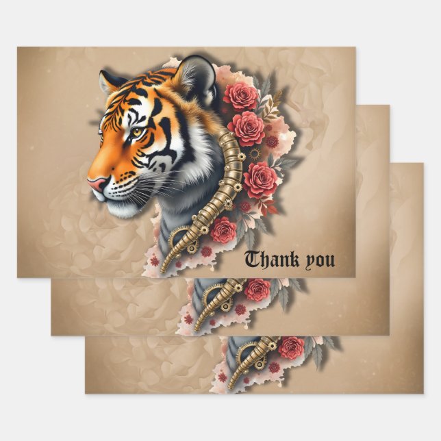 Steampunk Tiger with Roses Illustration.  Wrapping Paper Sheets (Set)