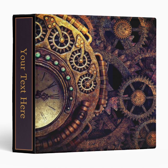 Steampunk Time Clock Gears 3 Ring Binder (Front/Spine)