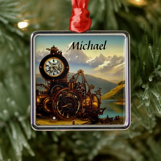 Steampunk Time Machine in Swiss Alps Personalized Metal Ornament (Tree)