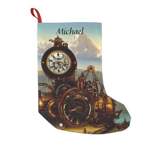 Steampunk Time Machine in Swiss Alps Personalized Small Christmas Stocking