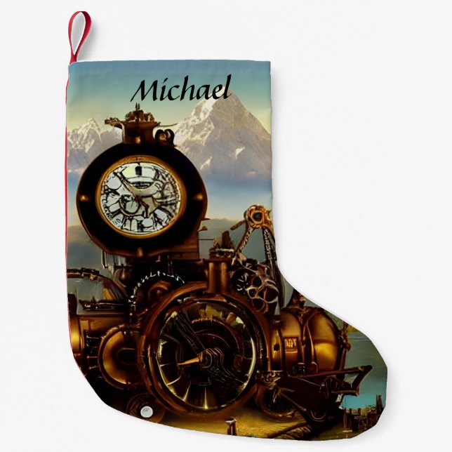 Steampunk Time Machine in Swiss Alps Personalized Small Christmas Stocking (Front)