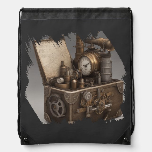 Steampunk Time Machine – Vintage Treasure Chest  Drawstring Bag (Front)