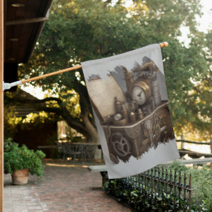 Steampunk Time Machine - Vintage Treasure Chest House Flag