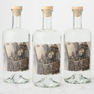 Steampunk Time Machine - Vintage Treasure Chest Liquor Bottle Label
