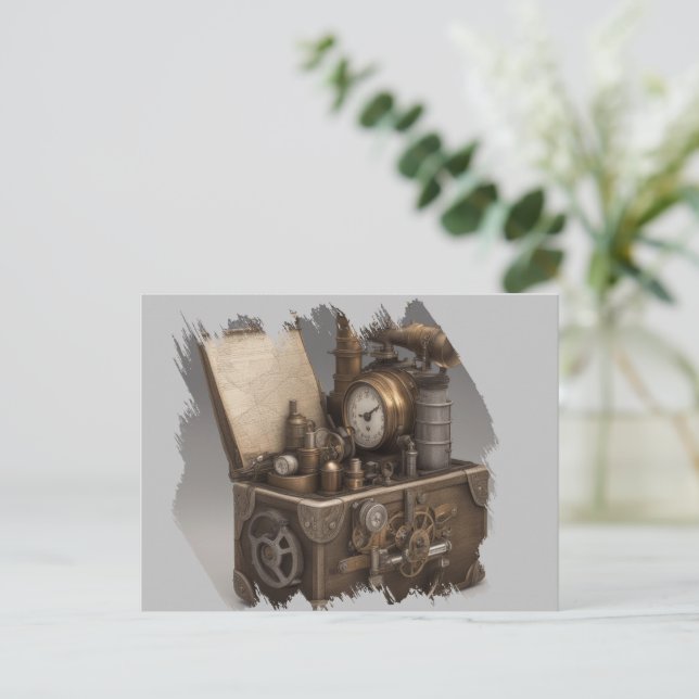 Steampunk Time Machine - Vintage Treasure Chest  Postcard (Standing Front)