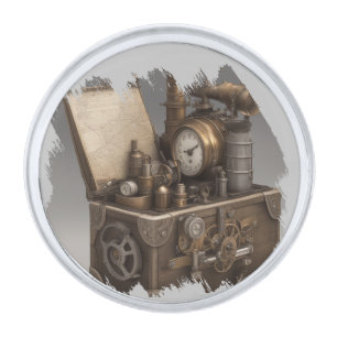 Steampunk Time Machine - Vintage Treasure Chest Silver Finish Lapel Pin