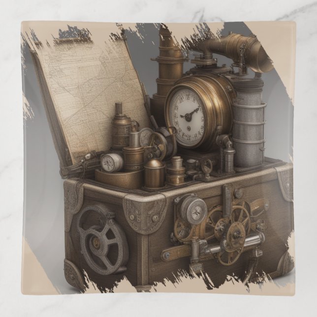 Steampunk Time Machine - Vintage Treasure Chest  Trinket Tray (Front)
