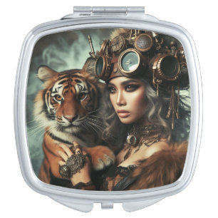 Steampunk Time Machine Young Girl and Tiger 80-1 Compact Mirror