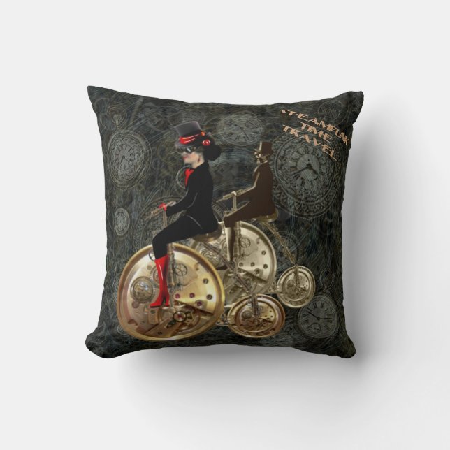 Steampunk time travel, clockwork penny farthing throw pillow (Front)