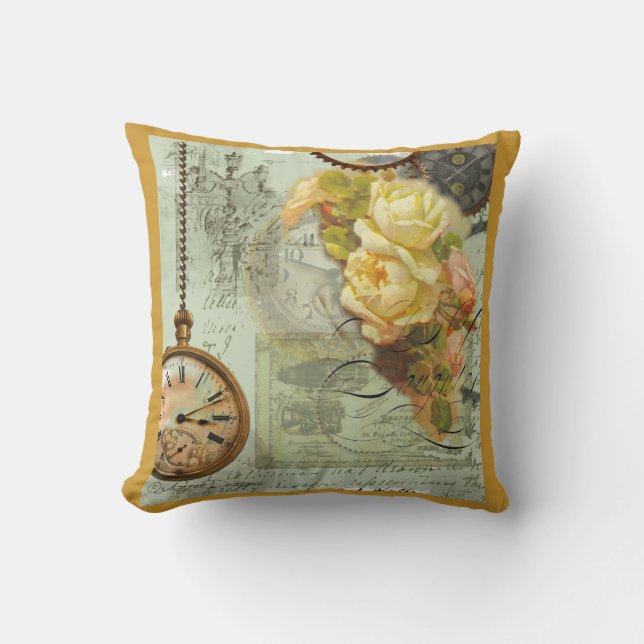 Steampunk Time & Yellow Roses Throw Pillow (Front)