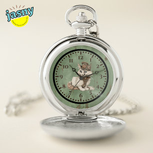 Steampunk Top Hat Cat Silver Pocket Watch