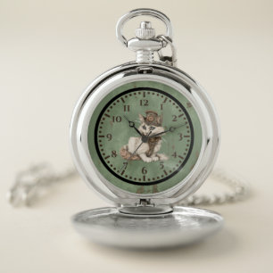 Steampunk Top Hat Cat Silver Pocket Watch
