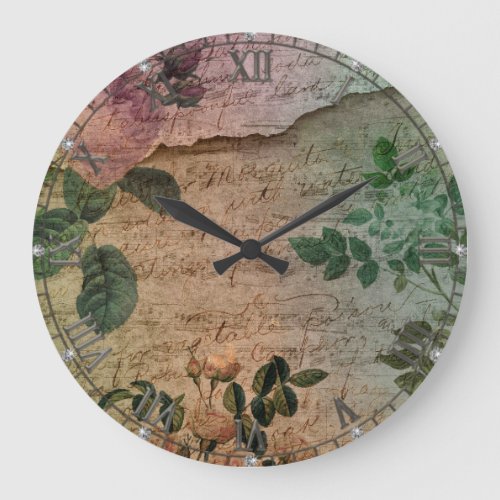 Steampunk Torn Rose  Vintage Distressed Ephemera Large Clock