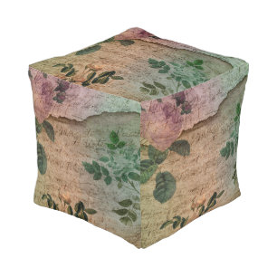 Steampunk Torn Rose Vintage Distressed Ephemera Pouf