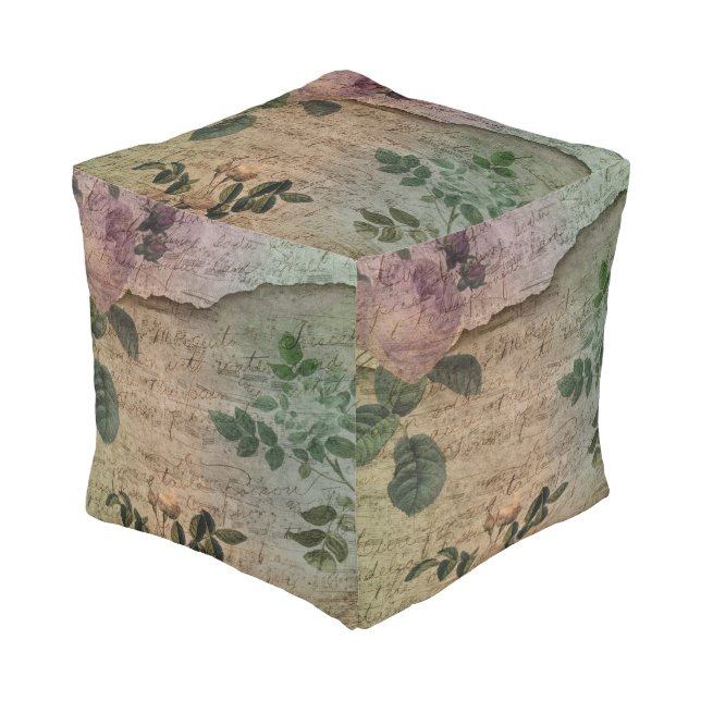 Steampunk Torn Rose | Vintage Distressed Ephemera Pouf (Angled Front)
