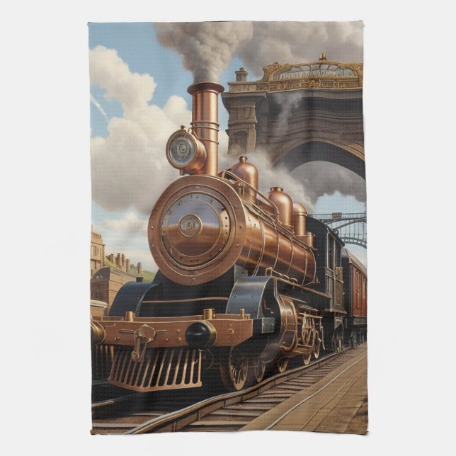 Steampunk Train Leaving London Kitchen Towel (Vertical)