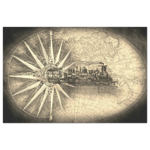 Steampunk Train retro vintage map world maps Ti Tissue Paper