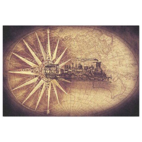 Steampunk Train retro vintage map world maps Tissue Paper