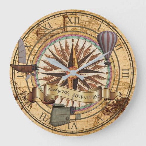Steampunk Travel Antique Map Compass Adventure Large Clock