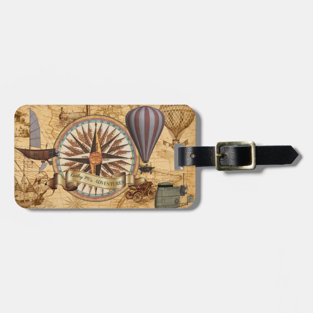 Steampunk Travel Antique Map Compass Adventure Luggage Tag (Front Horizontal)