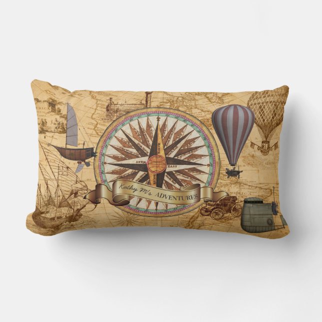 Steampunk Travel Antique Map Compass Adventure Lumbar Pillow (Front)