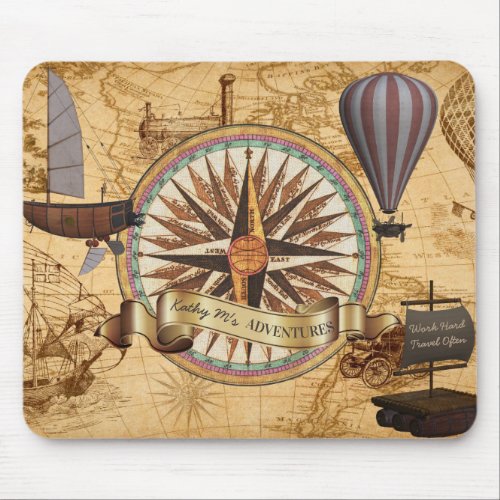 Steampunk Travel Antique Map Compass Adventure Mouse Pad