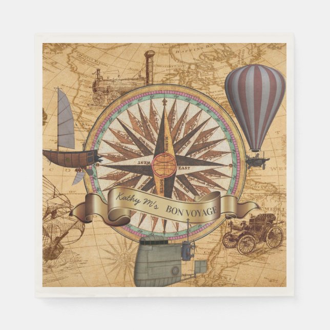 Steampunk Travel Antique Map Compass Adventure Napkins (Front)