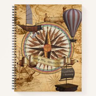 Steampunk Travel Antique Map Compass Adventure Notebook