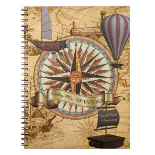Steampunk Travel Antique Map Compass Adventure Notebook