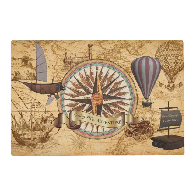 Steampunk Travel Antique Map Compass Adventure Placemat (Front)