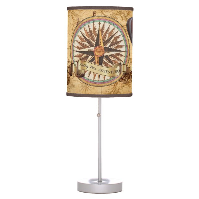 Steampunk Travel Antique Map Compass Adventure Table Lamp (Front)