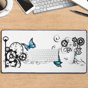 Steampunk Tribal Blue Butterflies Desk Mat