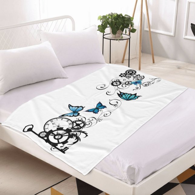 Steampunk Tribal Blue Butterflies Fleece Blanket (Creator Uploaded)