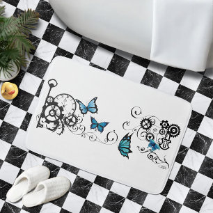 Steampunk Tribal Blue Butterflies Gear Swirl Bath Mat