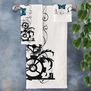 Steampunk Tribal Blue Butterflies Gear Swirl Bath Towel Set