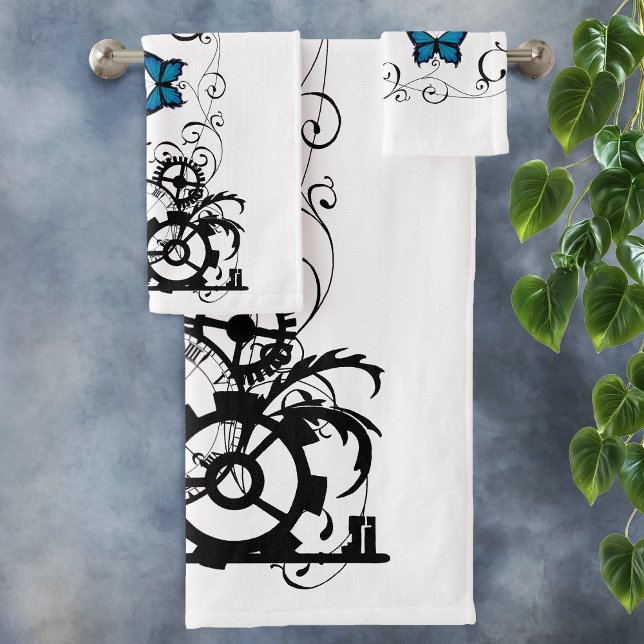 Steampunk Tribal Blue Butterflies Gear Swirl Bath Towel Set (Creator Uploaded)